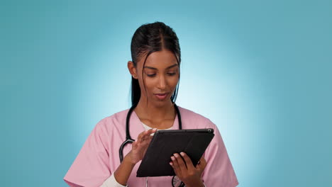 Tablet,-happy-woman-or-studio-nurse-typing-online