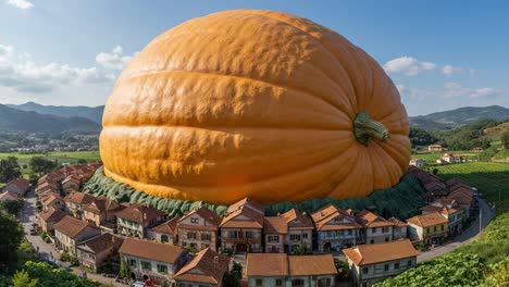 a giant pumpkin looms over a quaint village, showcasing an extraordinary sight that combines nature's wonder with human architecture, captivating all who behold it