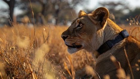 lion with tracking collar in natural habitat