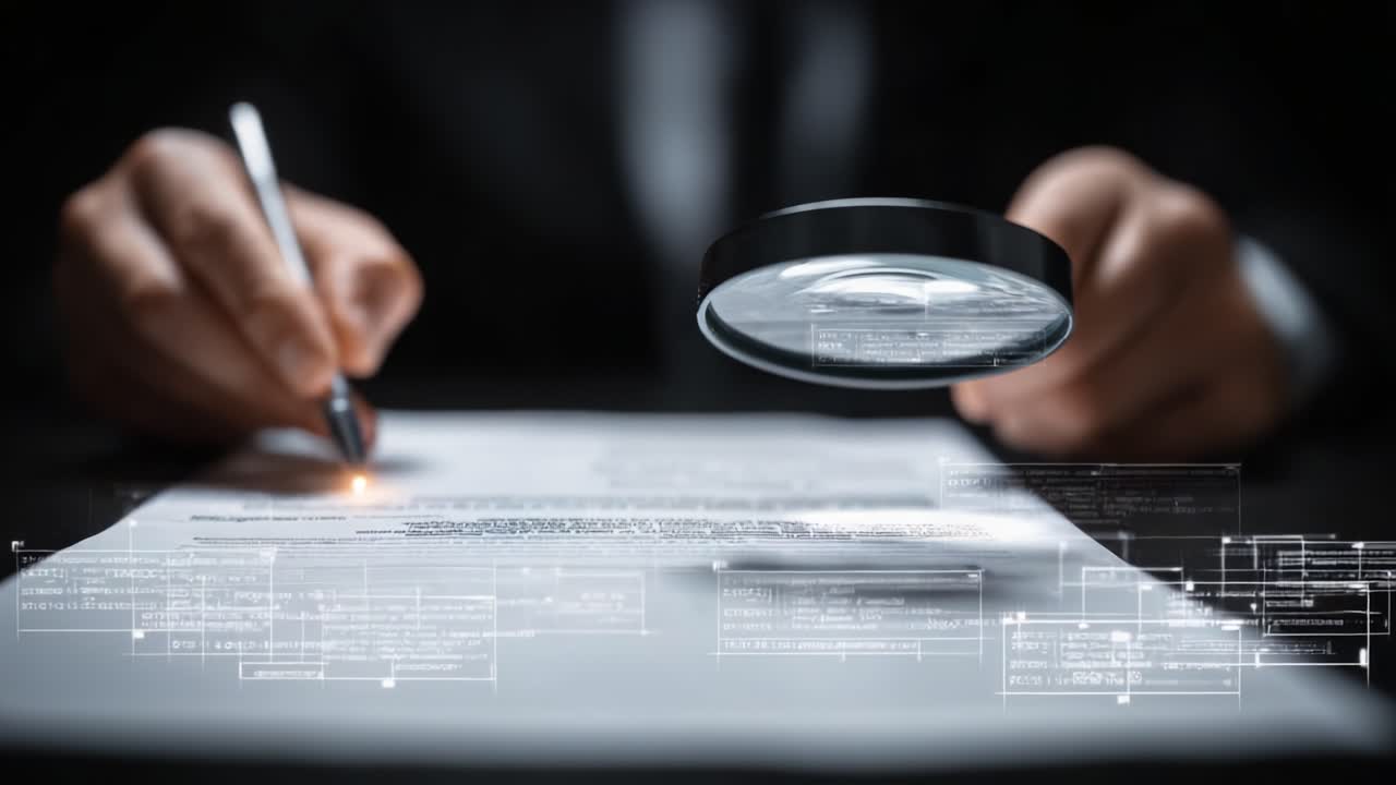 Gransker detaljerte dokumenter: En fokusert fagperson analyserer tekst med et forstørrelsesglass for å forbedre presisjon og forståelse i kritiske oppgaver.