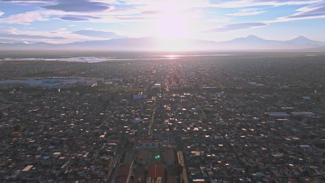 Overhead of urban school with busy courtyard in Ecatepec, State of Mexico