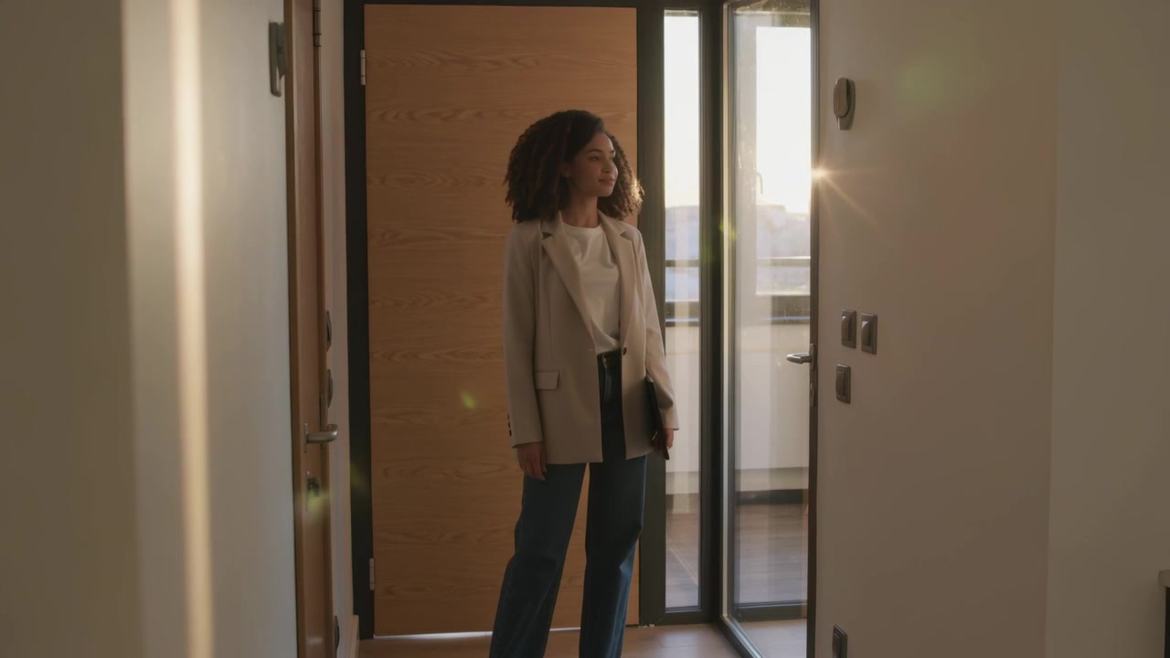 Entering woman in light blazer pausing in apt foyer as door opens, holding folder, inspecting space