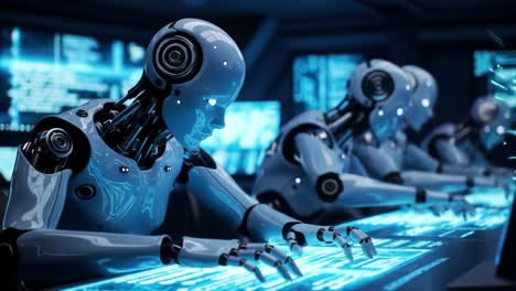 a row of advanced robots engaged in complex data processing and analysis, each performing functions in a high-tech environment illuminated by blue screens and digital interfaces