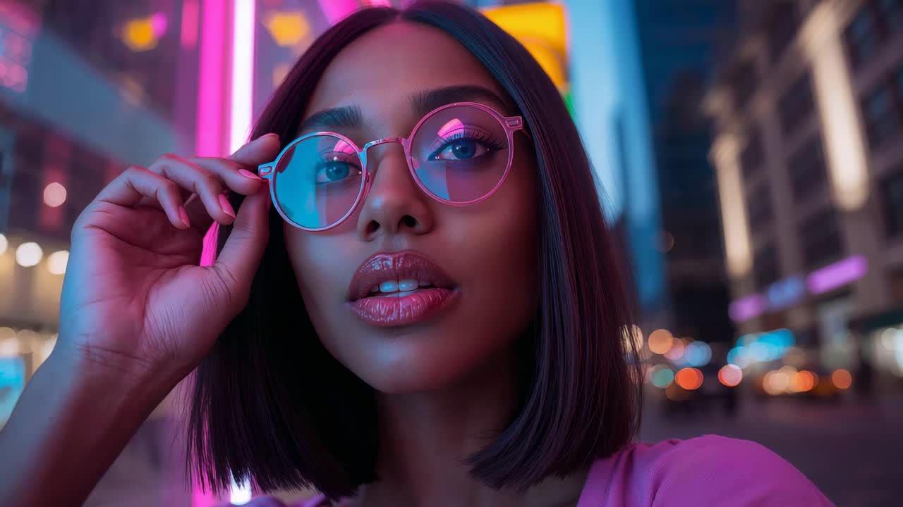 Vrouw die model staat in roze top en een spiegelzonnebril aanpast, glanzende lippen controleert onder neonverlichting