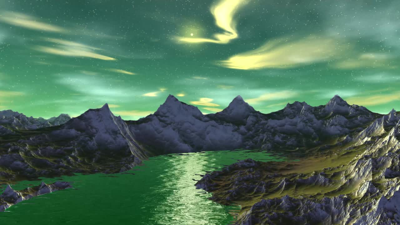planeta alienígena. montaña y agua. animación. panorama. 4k