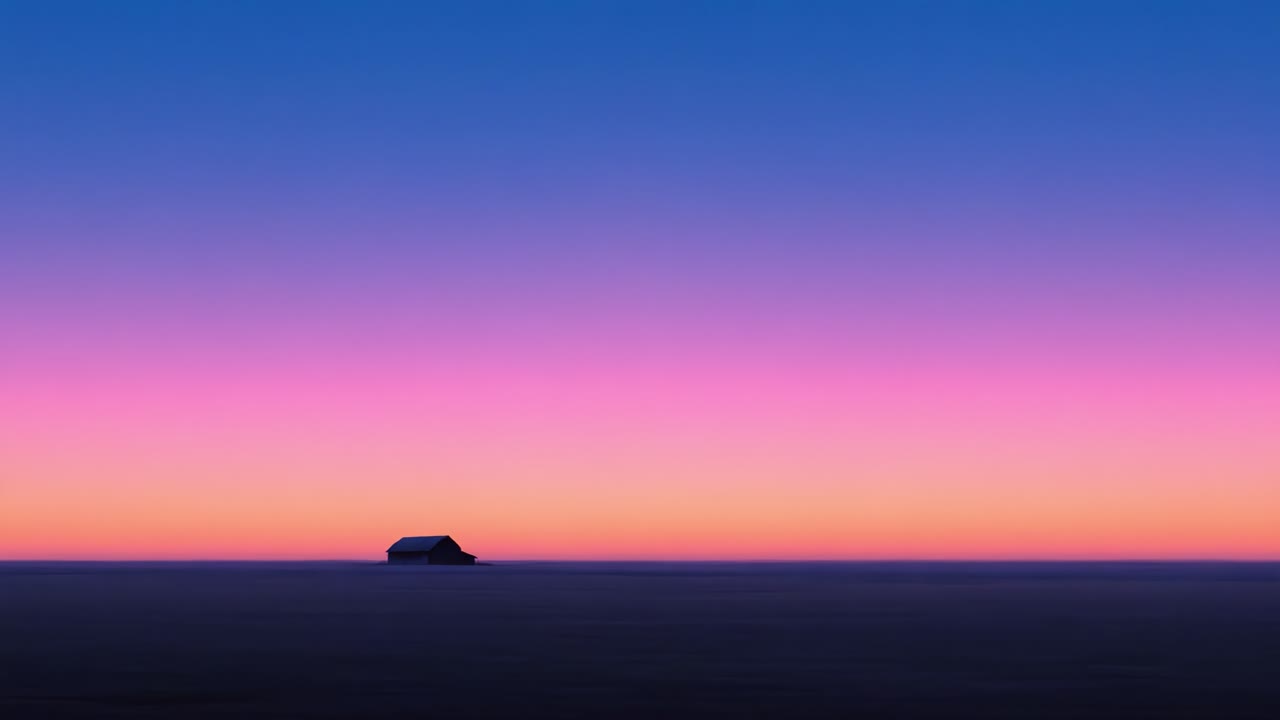 A tranquil seascape at twilight featuring a solitary structure silhouetted against a gradient sky, showcasing the transition from dusk to night in vivid colors
