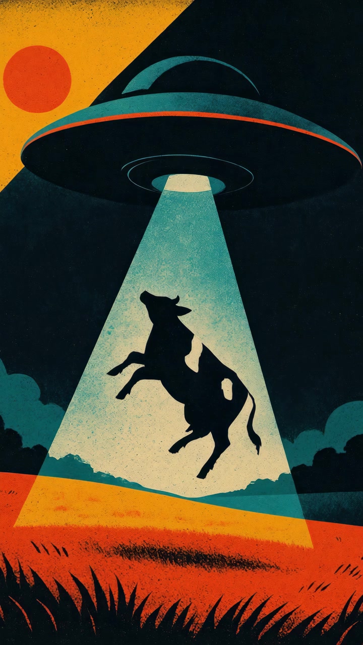 UFO che rapisce una mucca in un paesaggio rurale stilizzato