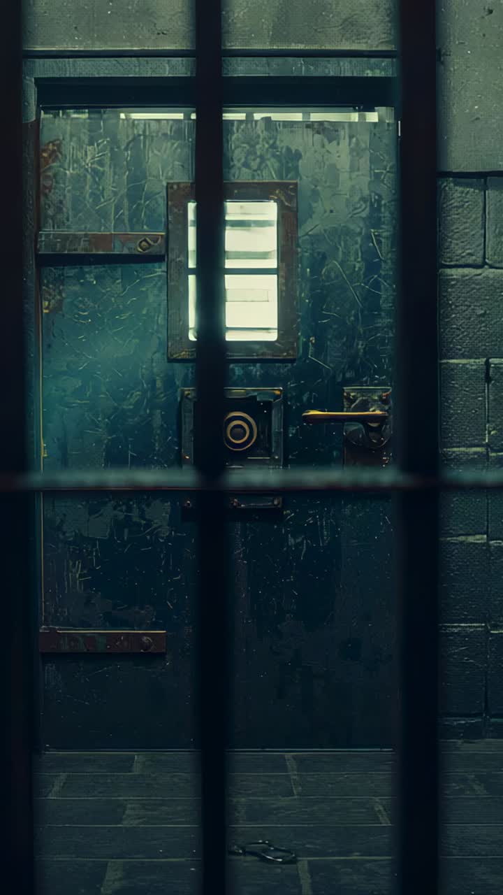 Vertical video: Turning rotary lock, cell door swinging open for access into bright hall with cuffs