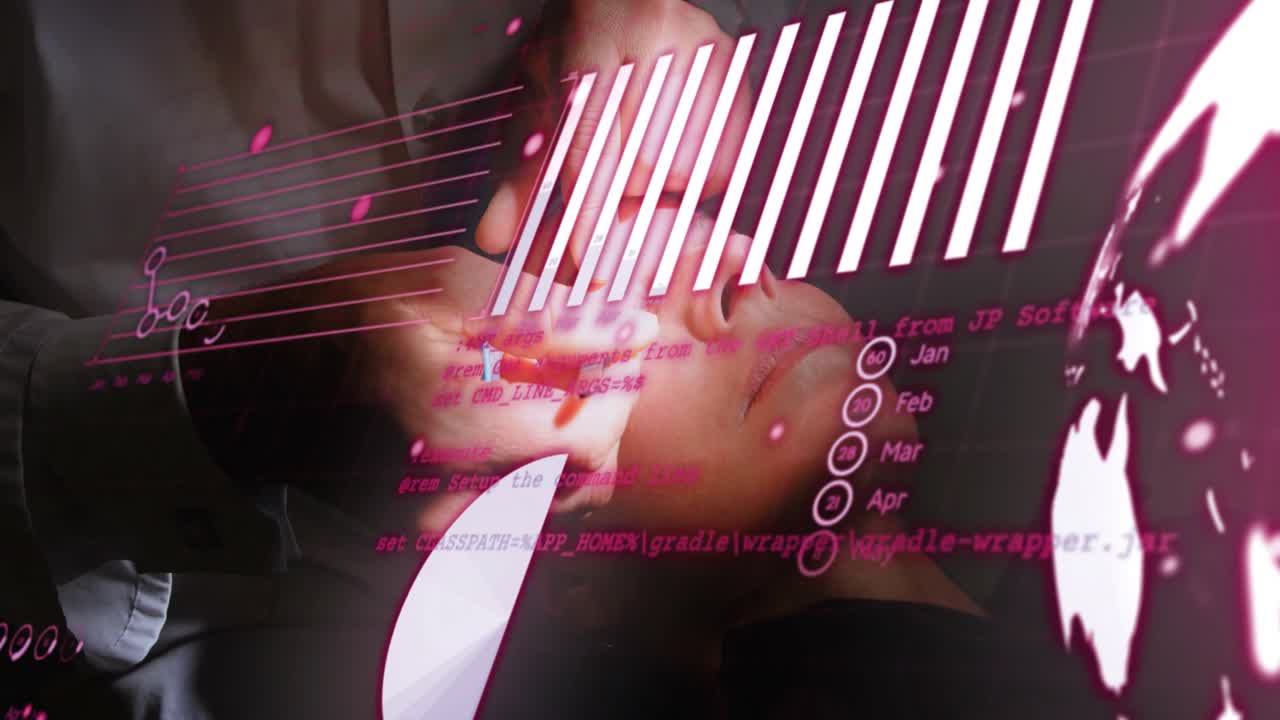 Male clinician placing tool, holding lid, working on eye for eye care while magenta charts overlay