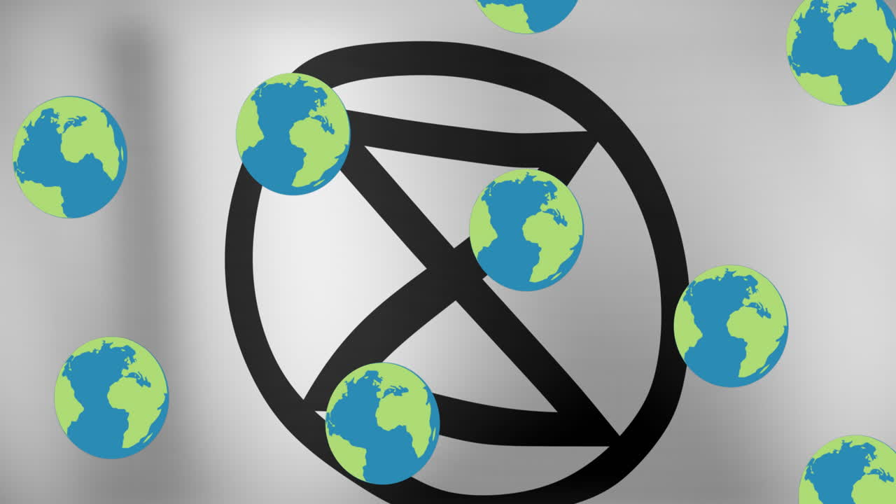 Animation of extinction rebellion sign over globes on grey background