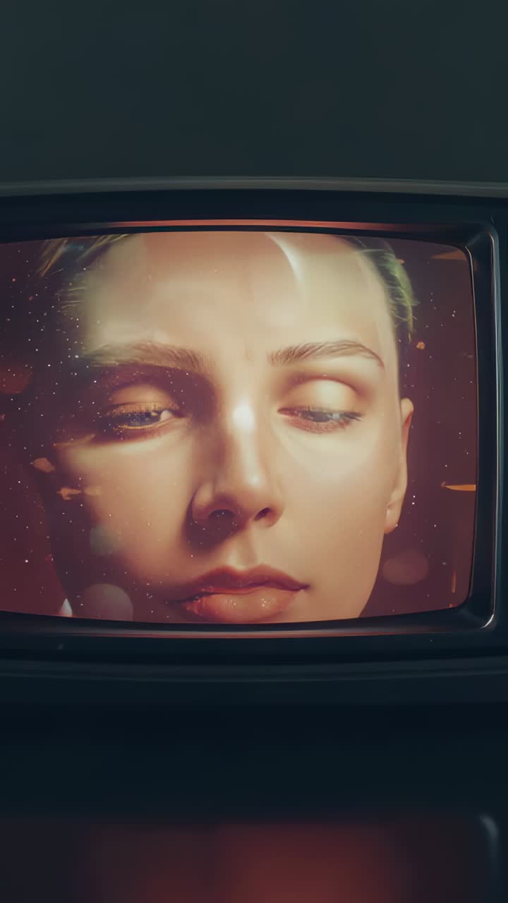 Vertical video: Woman's eyelids lowering sparking static on CRT TV in dark room, mirror table