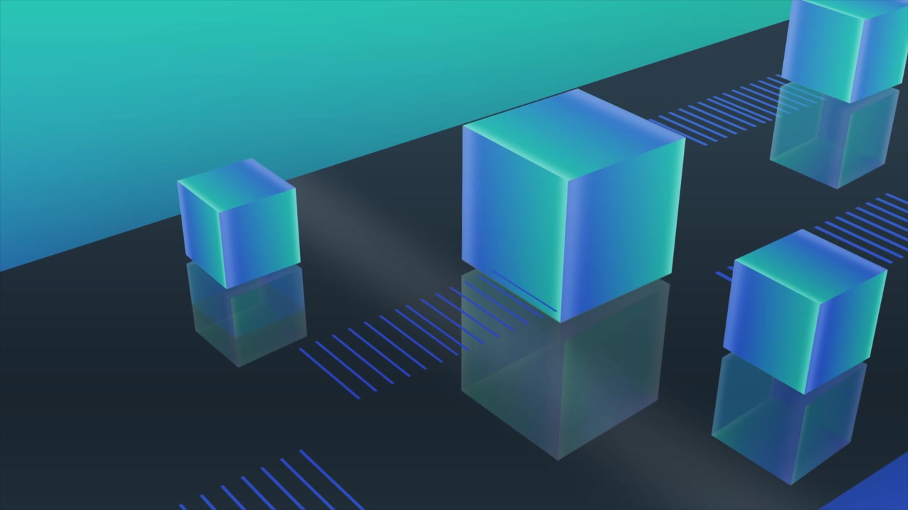 Animated Geometric Cubes with Blue Green Gradient on Reflective Surface
