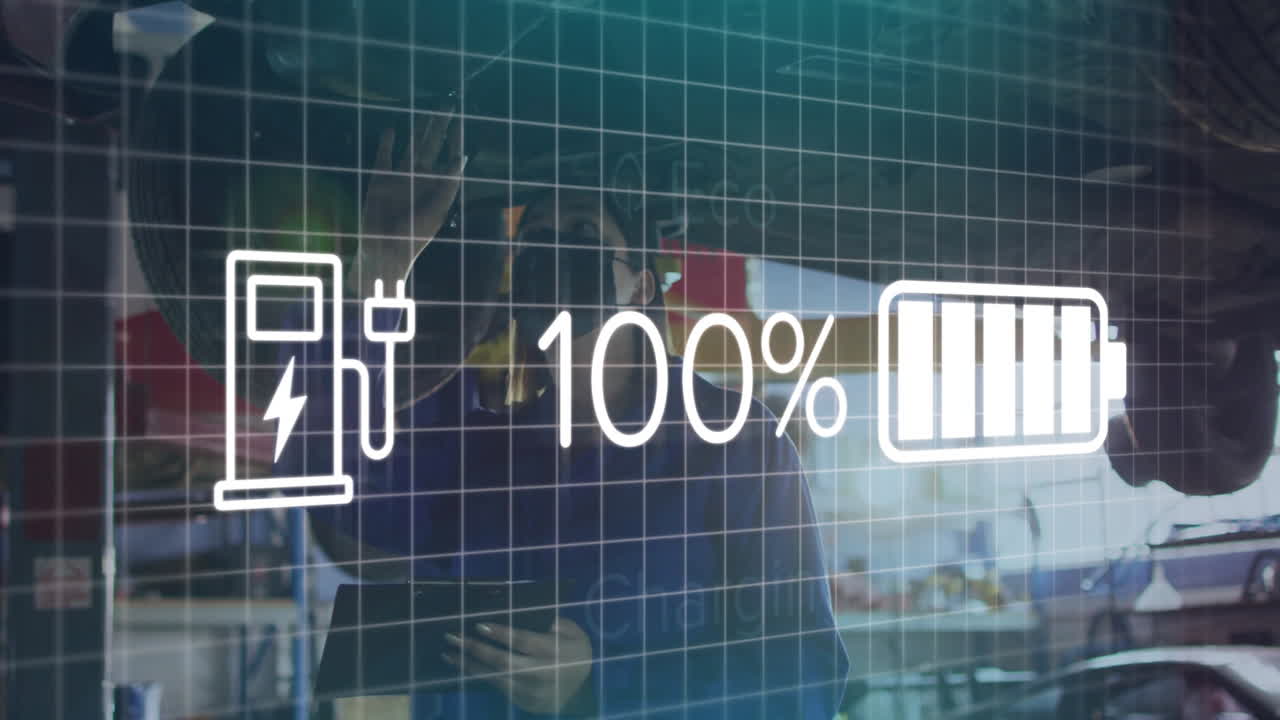 woman mechanic holding tablet and inspecting car lift in auto shop with animated charging overlay