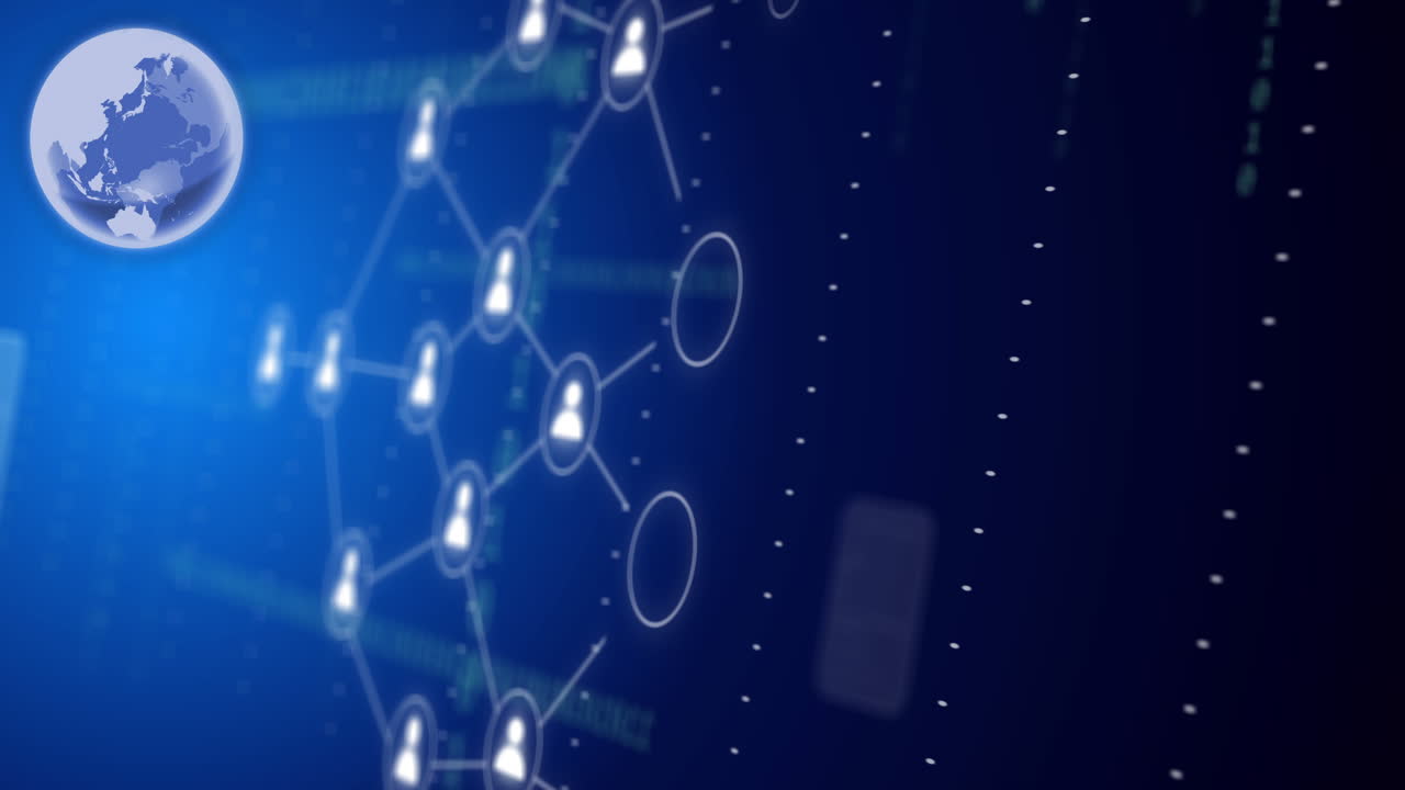 파란색 배경 위의 연결 및 데이터 처리의 애니메이션