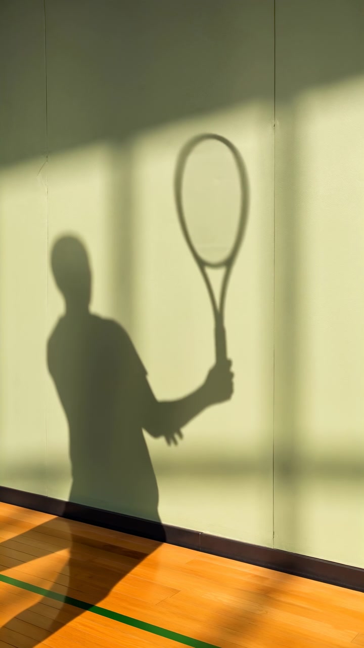 Shadow silhouette of tennis player moving across pale green indoor wall above polished wooden court, with strong contrast, warm light, athletic gesture, and clean minimalist atmosphere