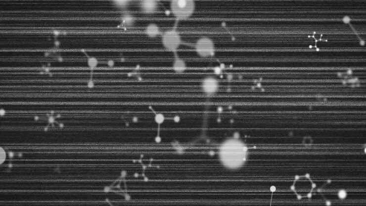 Large softly glowing molecular node being visualized on glitchy static backdrop with network bonds