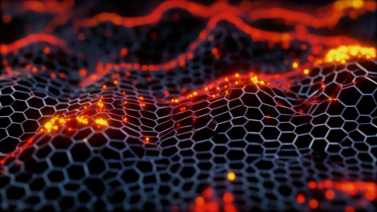 Abstraktes hexagonales Gitter mit leuchtenden orangefarbenen Energiewellen