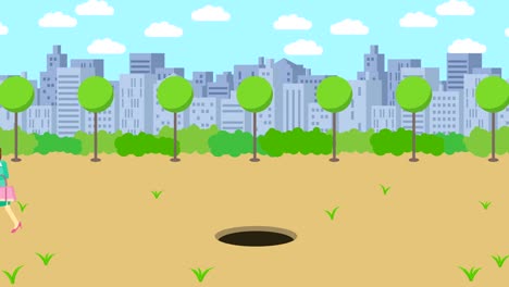 business woman jump over the hole. background of town. risk concept. loop illustration in flat style.