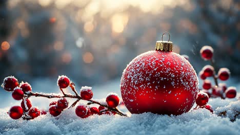 red ornament resting on snow with pine berries during winter season