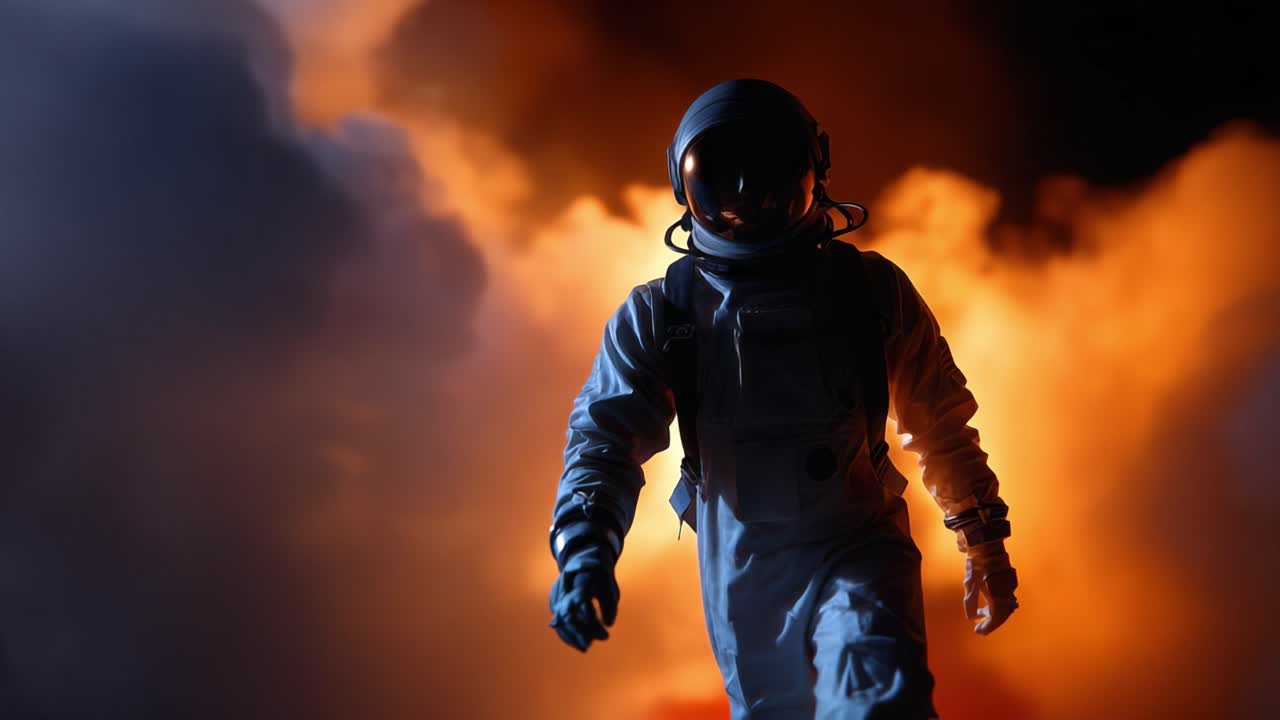 Un astronauta emerge da fiamme e fumo vorticosi, incarnando un momento di coraggio e esplorazione nella vastità dello spazio e nell'ignoto oltre.