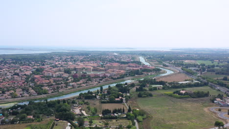 Lez-river-Lattes-aerial-shot-mediterranean-sea-in-background-Montpellier-France