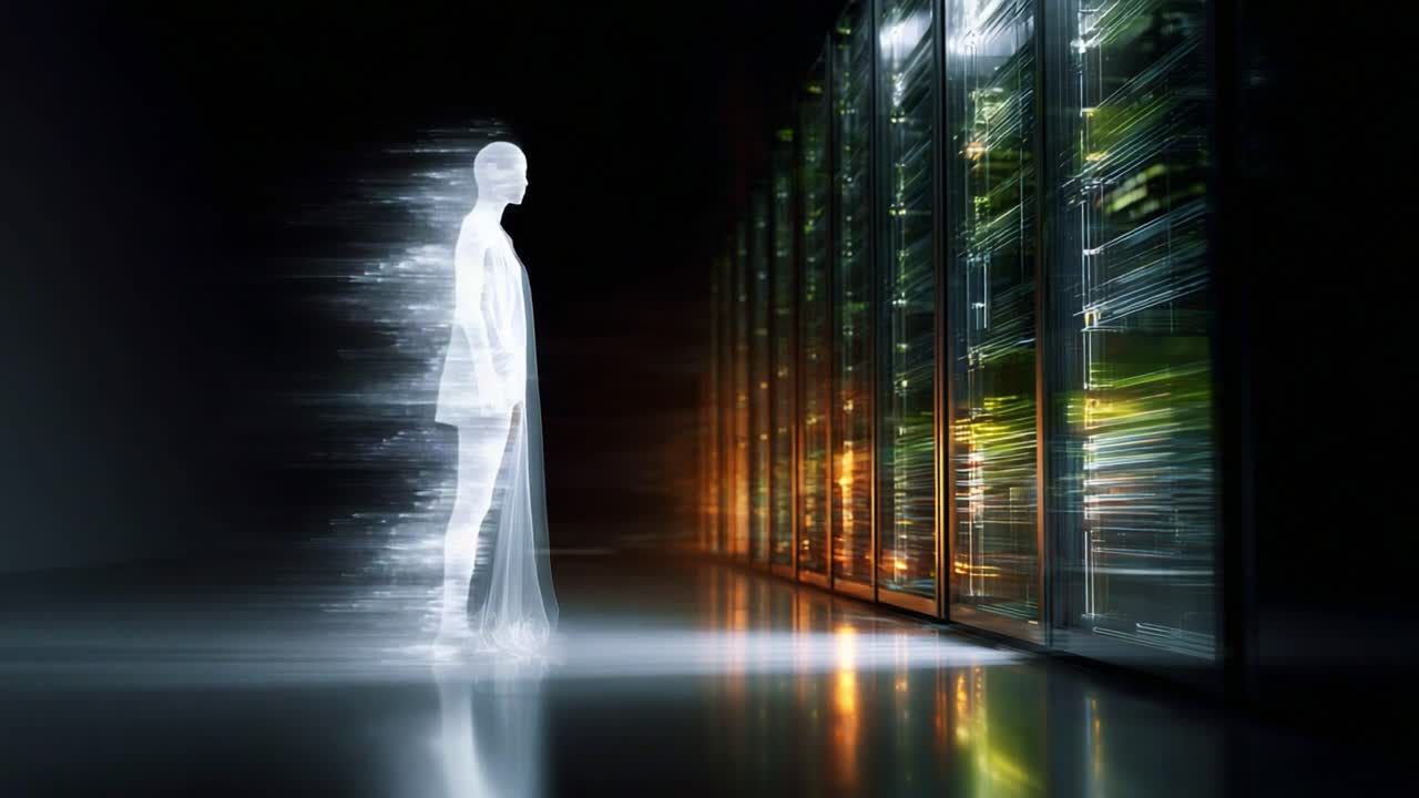 A Mysterious Figure Encapsulated in Ethereal Translucence Observes a High-Tech Environment, Emanating an Otherworldly Presence Amidst the Vibrant Glow of Digital Data Storage