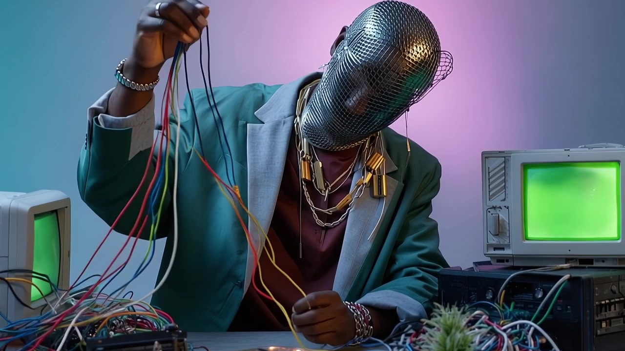 Maskeret person forbinder ledninger blandt vintage-teknologi i et cyberpunk-miljø