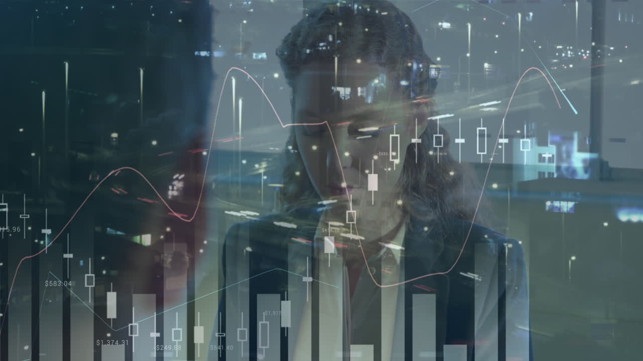 Animation of financial data over caucasian businesswoman and road traffic