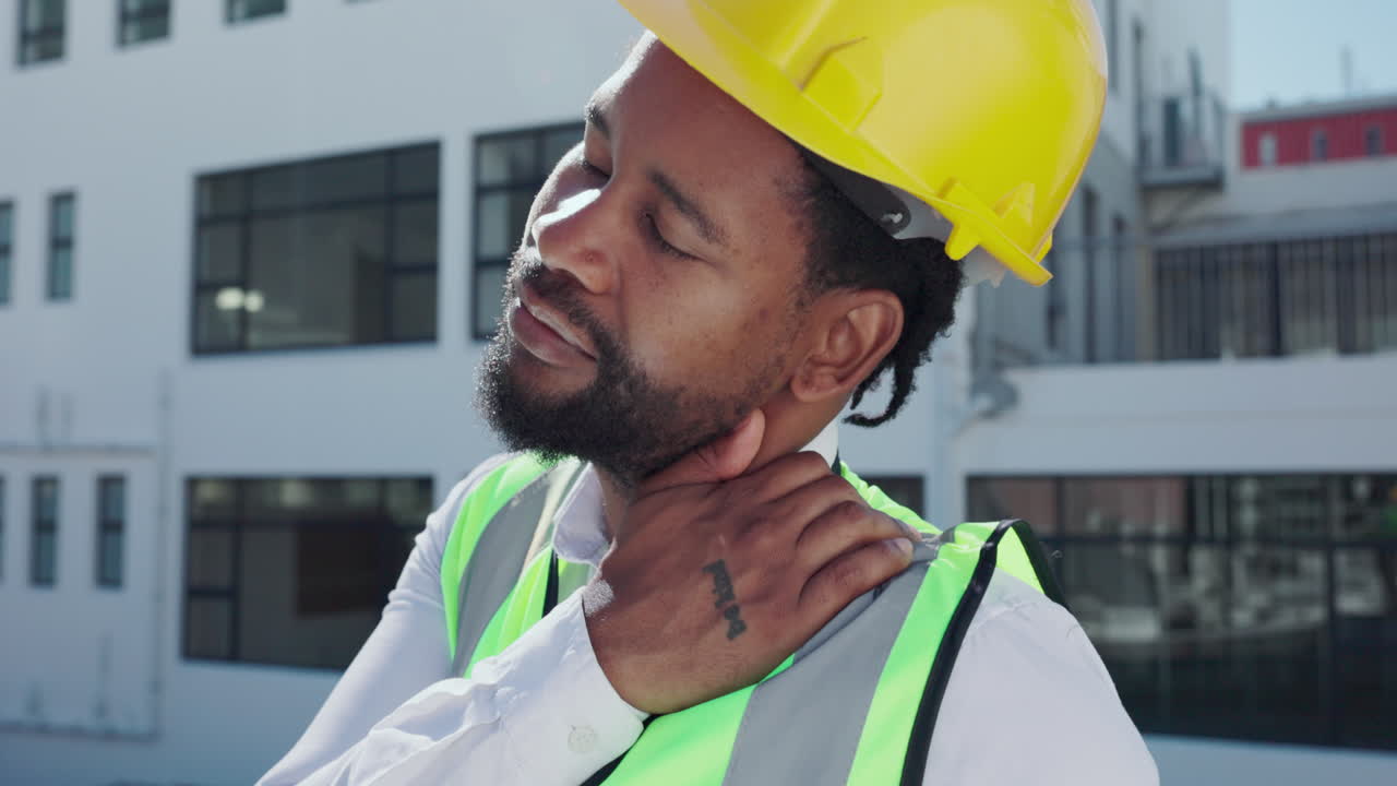 View of Premium stock video - Burnout, tired and african construction worker