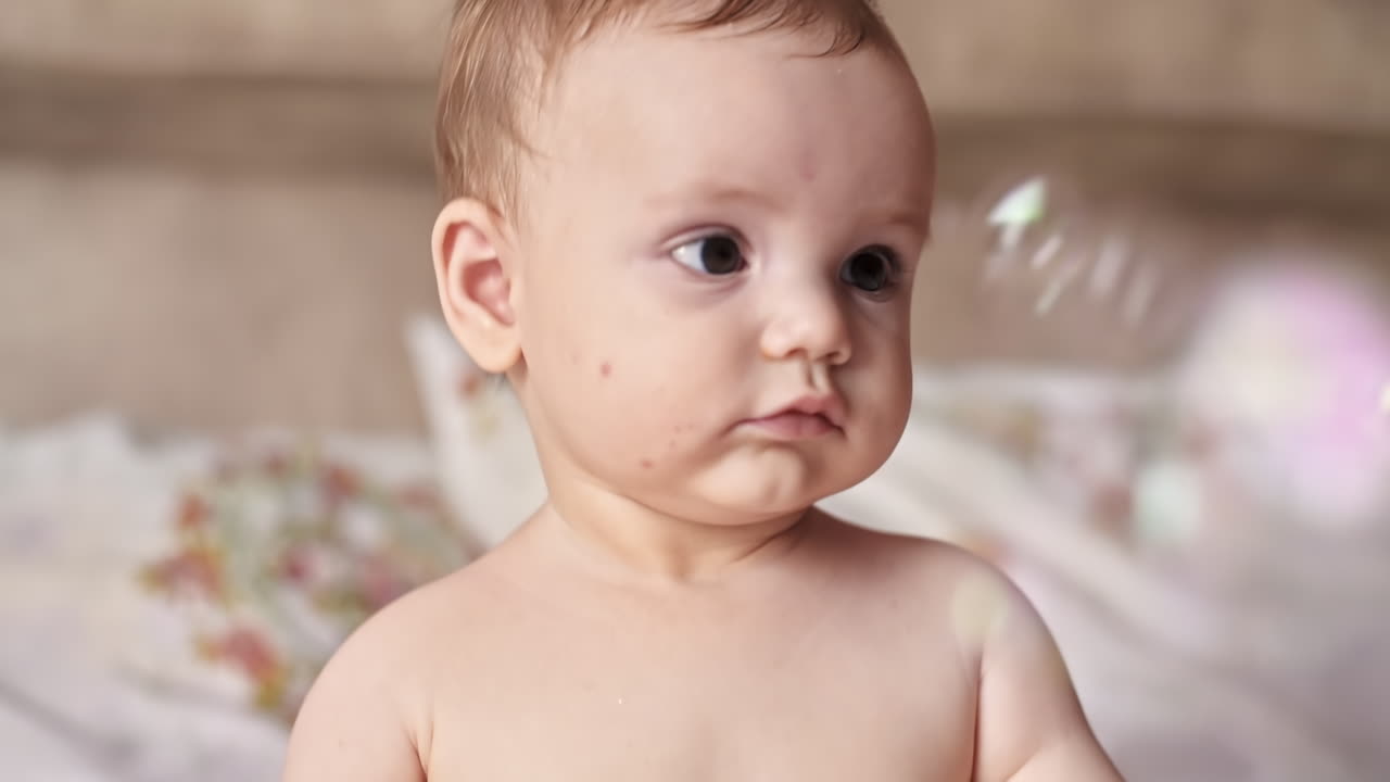 Caucasian blonde baby boy on a bed, playing with soap bubbles flying around. Slow motion