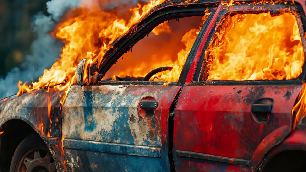 un coche quemado en llamas con humo saliendo de la ventana