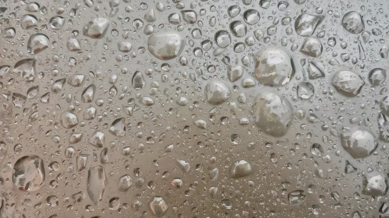 Forming droplets on glass pane with light rain starting, coalescing and reflecting faint building