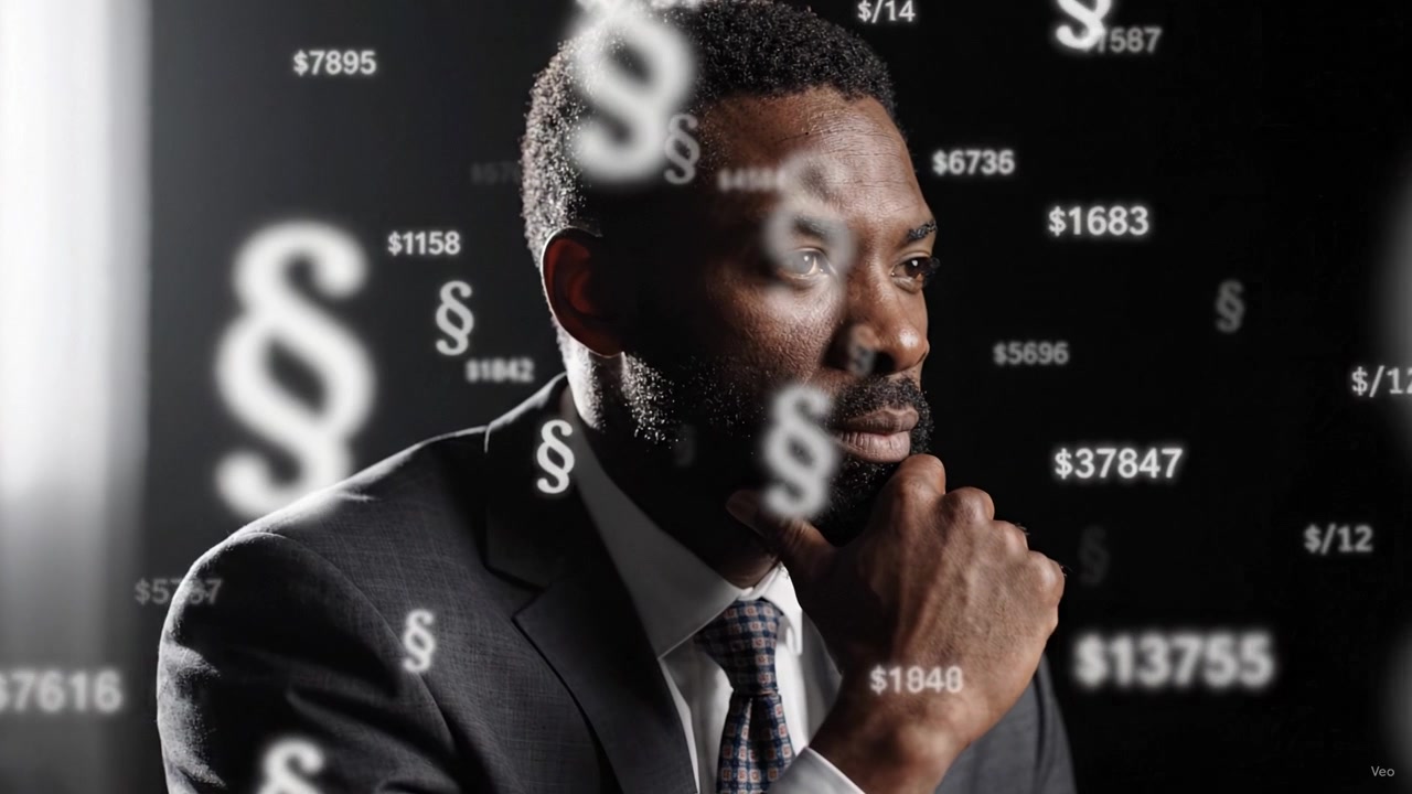 A contemplative man dressed in a suit sits thoughtfully with his hand on his chin, surrounded by a blurred swirl of dollar signs and legal symbols indicating deep reflection.