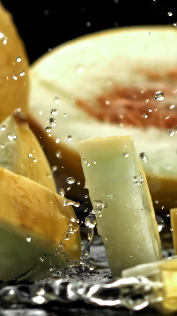 Fresh Melon Chunks Falling and Splashing into Water in Slow Motion