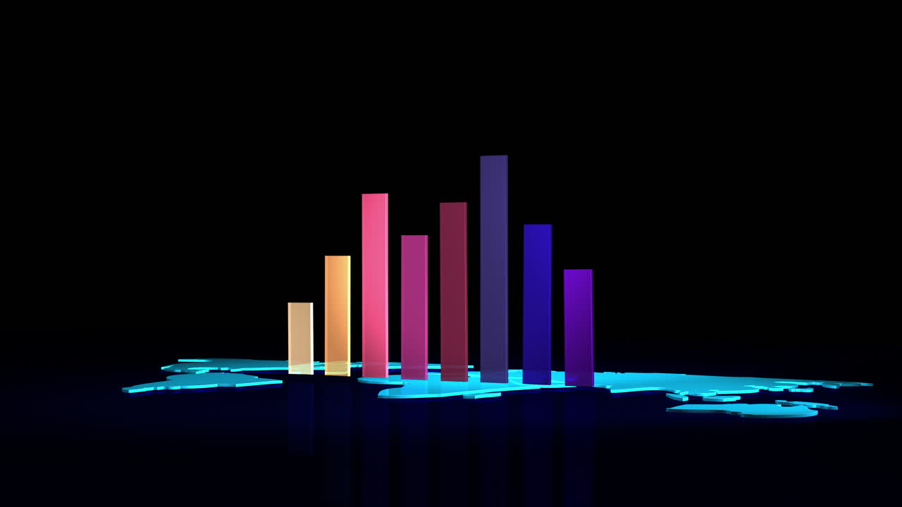 Dynamic 4K video of a colorful 3D bar chart rising from a glowing world map, rotating 360 degrees. Perfect for business, finance, global economy, data analysis, technology, and infographic projects