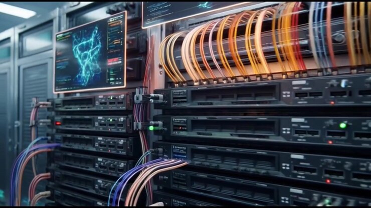 Data Center Server Racks with Glowing Fiber Optic Cables and Digital Monitoring Screens