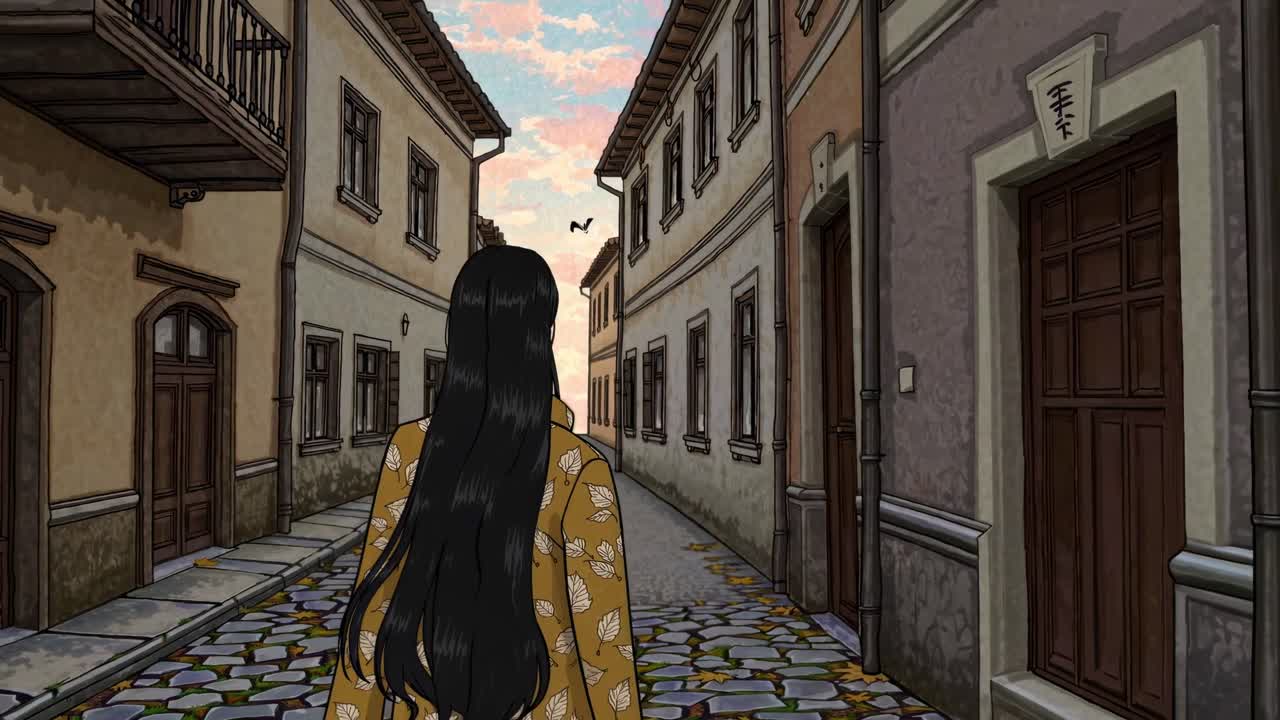 Cartoon animation of a woman walking down a narrow cobblestone street in a historic European town, with buildings on both sides and birds flying overhead