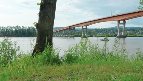 grassy river bank with a boat and bridge in the background