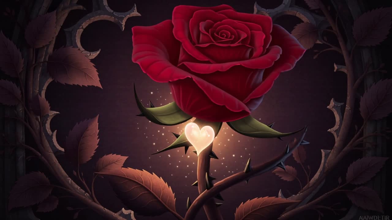 Video verticale: Rosa rossa in fiore che si apre su stelo spinoso su un palco scuro, come un cuore caldo che sale per immergersi.