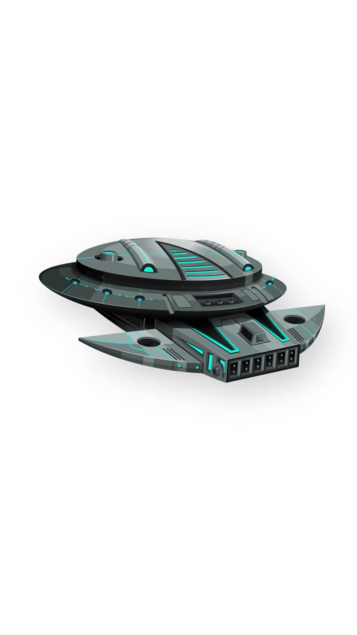 A detailed 3D sci-fi spacecraft hovers with subtle movement on a clean white background.