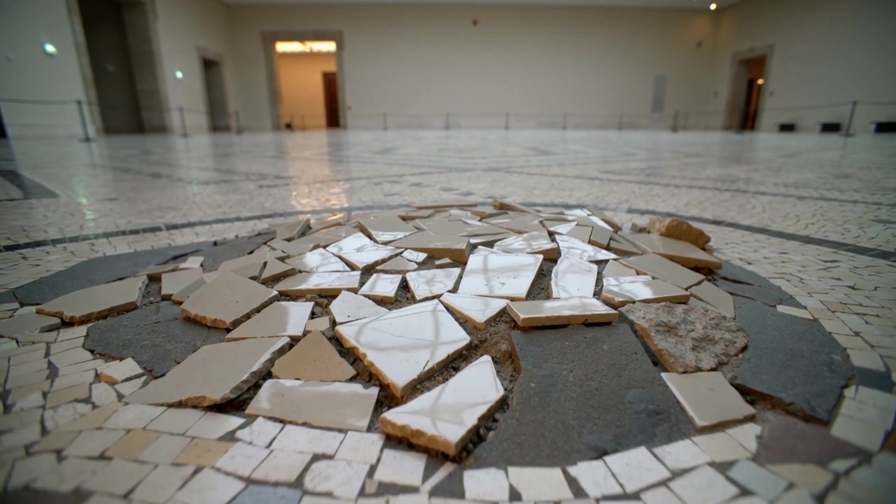 Starting slow camera push revealing damaged floor medallion in museum hall, exposing glazed shards