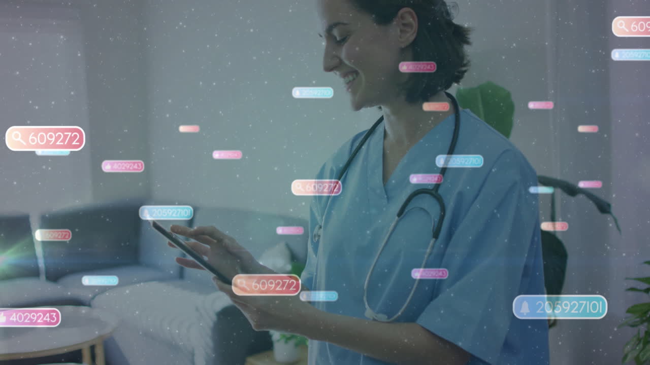 Healthcare professional using tablet with floating data animations in hospital room