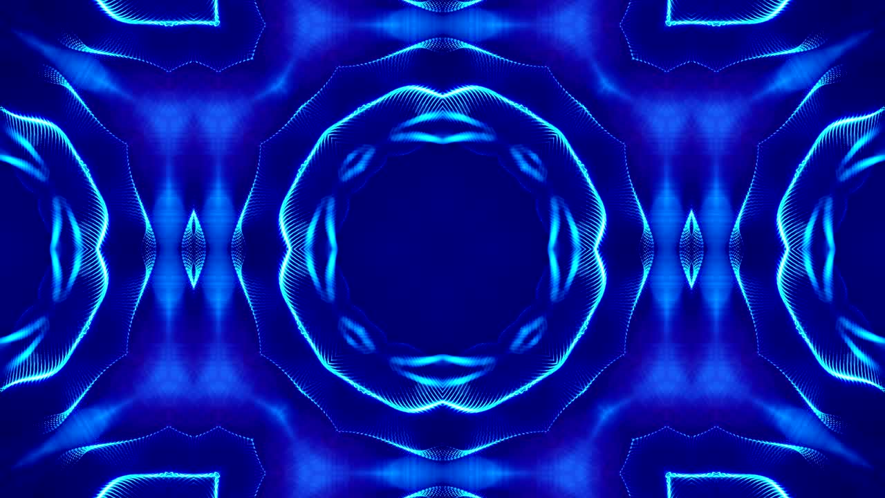 microworld, mandala o fondo abstracto de neón ornamental. composición azul simétrica compleja con partículas de brillo que forman estructuras onduladas como en un caleidoscopio. animación suave en bucle 4k 3d. 5