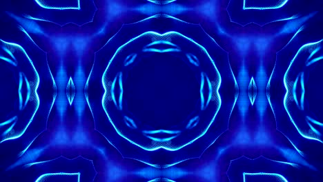 microworld, mandala o fondo abstracto de neón ornamental. composición azul simétrica compleja con partículas de brillo que forman estructuras onduladas como en un caleidoscopio. animación suave en bucle 4k 3d. 5