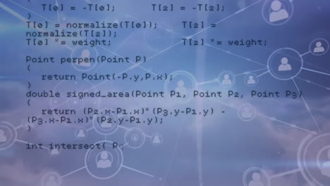 animation of networks of connections and data processing over sky