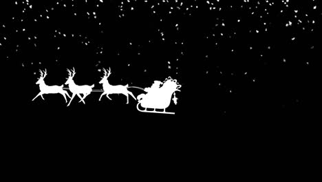 Santa-claus-in-sleigh-being-pulled-by-reindeers-over-snow-falling-against-black-background