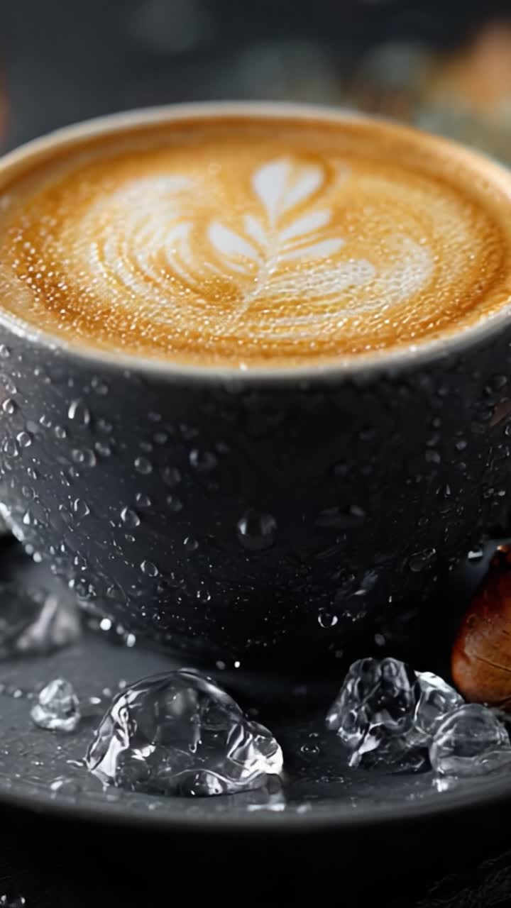 Lækker kaffe med kunstfærdig latte art: Nærbillede af en cremet kaffe omgivet af dråber og is, der indfanger essensen af varme og forfriskning