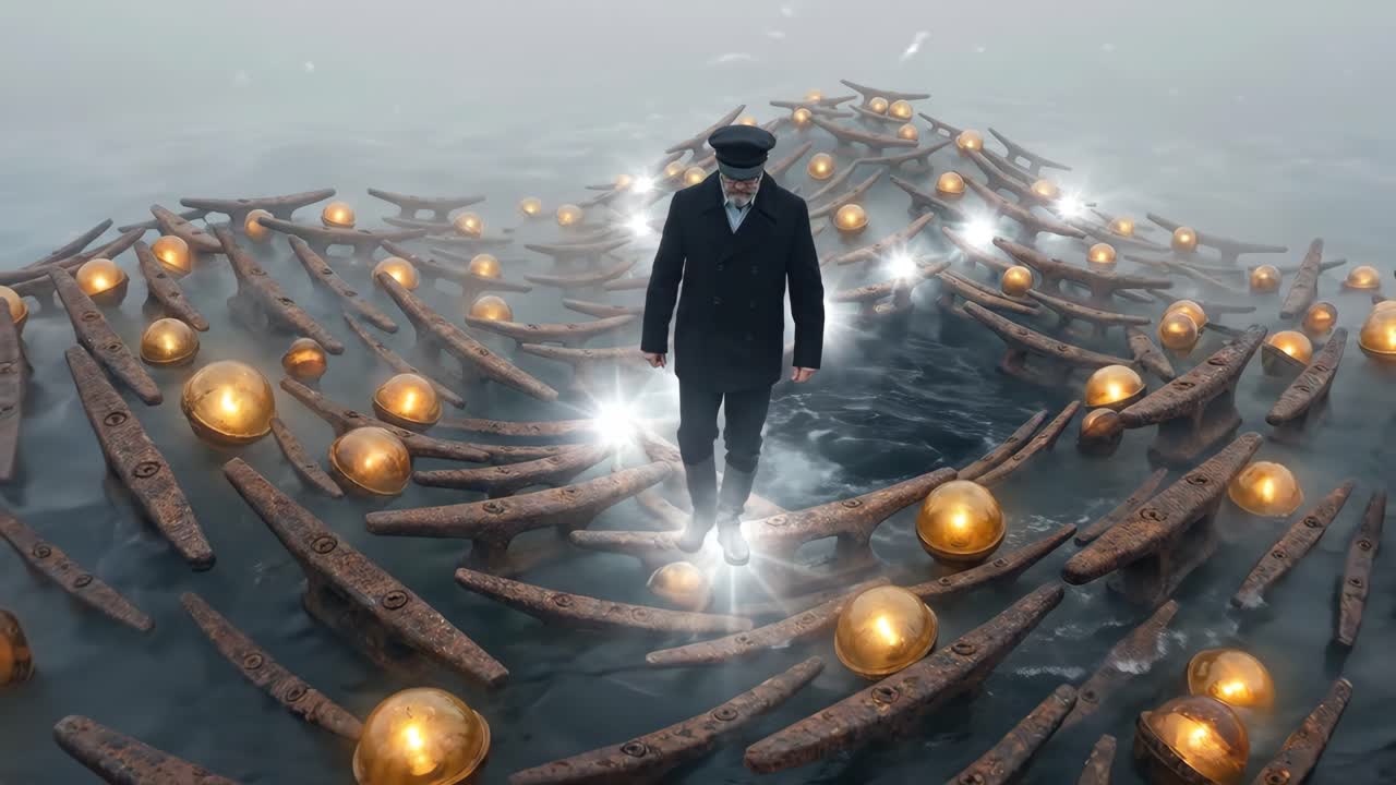 Uomo che cammina su un sentiero surreale di punti luminosi e sfere in acqua nebbiosa