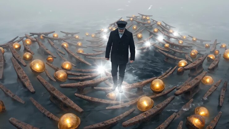 Man Walks on a Surreal Path of Glowing Cleats and Orbs in Misty Water