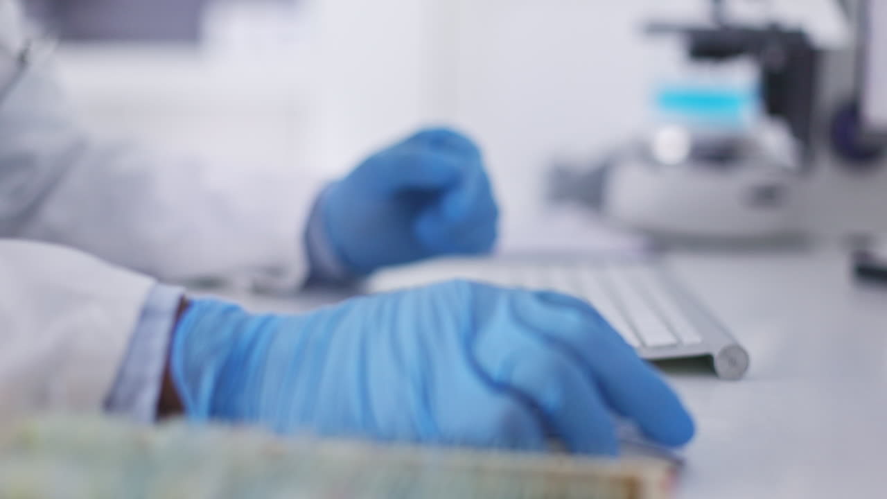 manos, guantes azules y mecanografía para la investigación